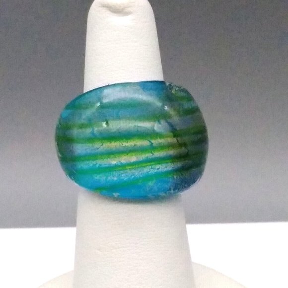 Vintage Dichroic Glass Ring, Shimmering Blue and Gold Striped Dome - Picture 1 of 4